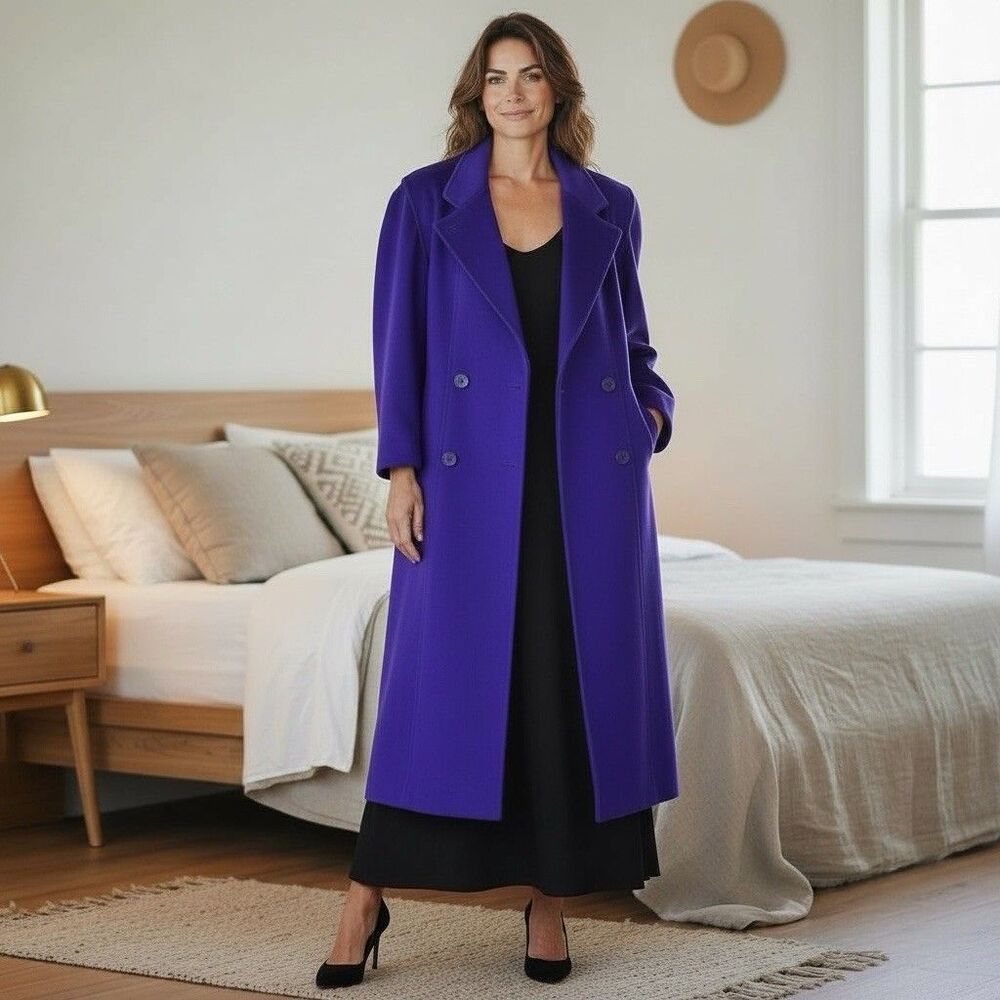 Fashions by Jill Vtg 80s Purple Double breasted 100% Wool Coat Lined Small USA